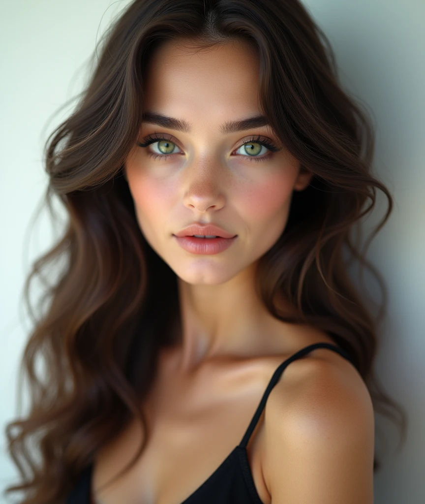 1 Girl,full body shot (1.3),close shot (1.3), face close-up, corridor,Soft Light, Slavic Beauty,Tight Fit,dress,Light-haired,long hair,
white background, gorgeous American-Italian girl, doll face, with thick and long wavy dark chocolate brown hair, big and large slender cat emerald green bright eyes, long and thick curly dark brown eyelashes, button upturned nose, high nose bridge, fullest and plumpest with a pout at the top rosy luscious lips, oval face shape, high cheekbone, shorter face, shorter chin, defined jawline, tiny face size, pale milky white traslucent perfect skin, whitening skin, hourglass shaped body, tiny and narrow waist, rounded hips, long and slender beautiful legs, big perfect brests (1.4), large breasts, bust size 84 cm, waist 57 cm, hips 86 cm, bra size 34 D, tall at 5’8, full body image, realistic, photorealistic, ultradetailed, skin texture, hyperealismHigh Resolution, Closed Mouth, highly detailed, high resolution 8K, wearing a tight fit black dress highliting her horglass body