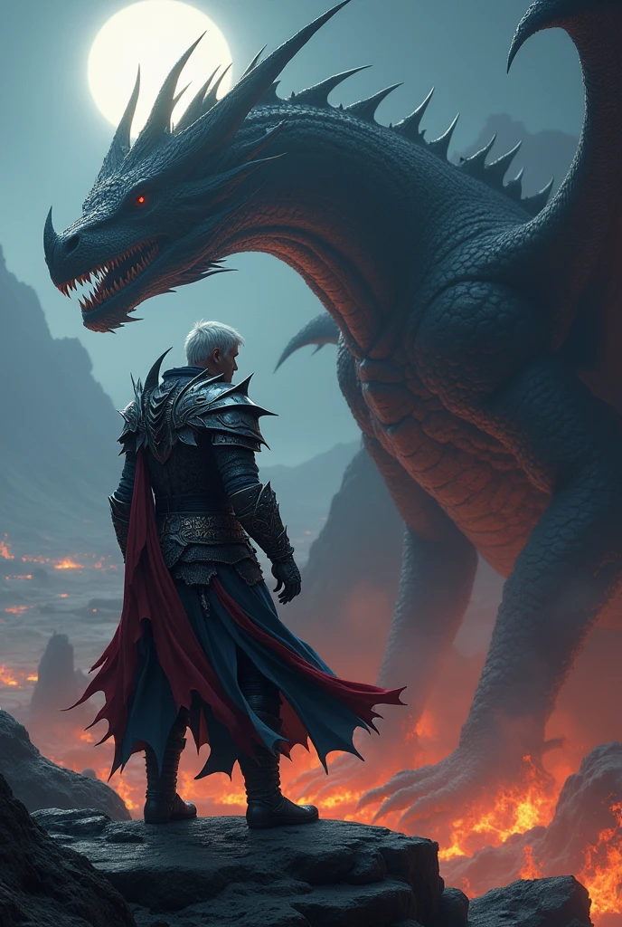 Create a man with short, platinum hair/whites he will be wearing warrior armor, silver armor with red details, and he will be next to a big dark black dragon with red they will be on top of a mountain at night and down below the mountain everything will be on fire 