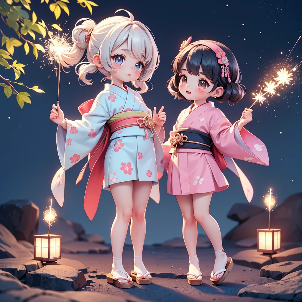 ((petite cute 2girls)), ((cute face)), ((puffy eyes)), ((masterpiece)), ((best quality)), ((ultra detailed)), ((exquisite)), ((depth)), ((crisp)), ((16k)), ((beautiful and aesthetic)), ((super detailed skin)), ((high standard)), ((highres)), (perfect anatomy), (blush), (lipstick), (full body), (nostalgic scenery), (cove, night), (emotional), (japanese sparklers), (hearpin), (mini yukata)