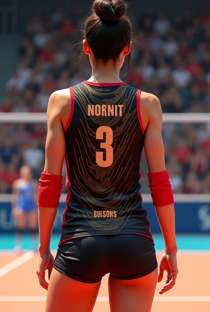 A women&#39;s volleyball uniform, sleeveless based on the Korean uniform design black with red details,  with golden rays all over the back and the number on the back 