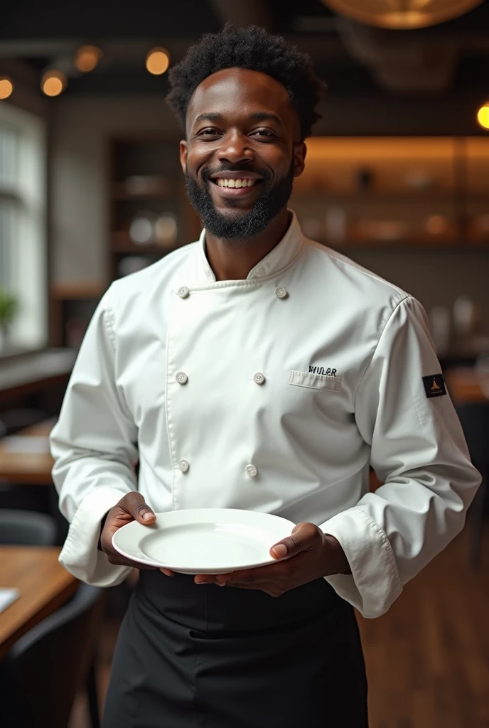A renowned black chef, holding a plate with no food