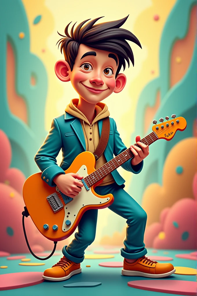 Real man turns into a cartoon man with a guitar 