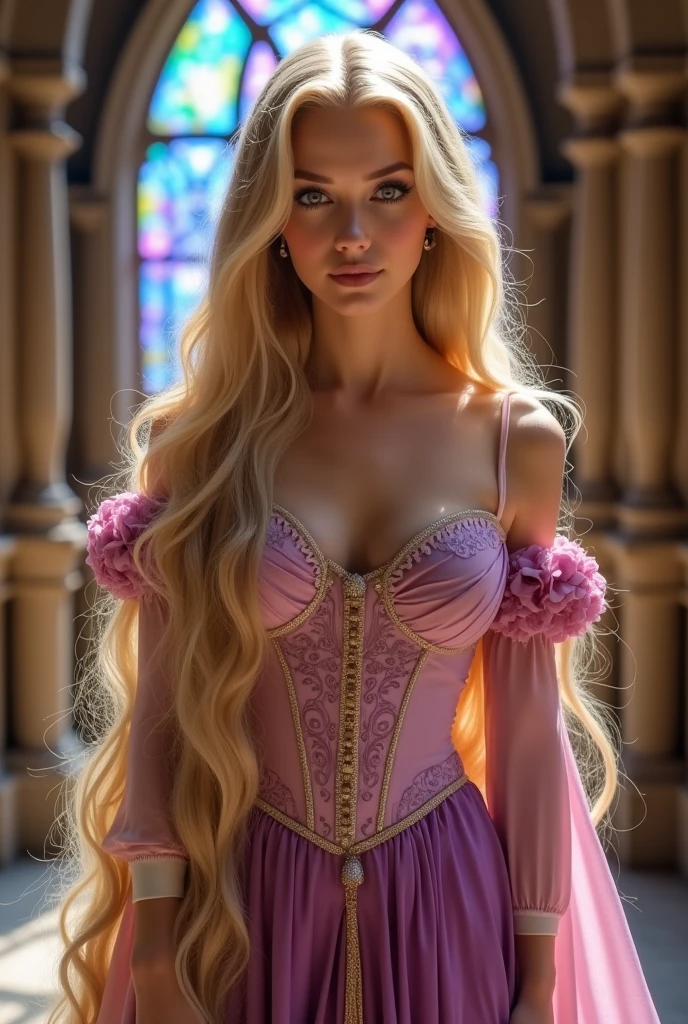 a close-up shot of a woman with very long blonde hair almost reaching the floor, dressed like Princess Rapunzel from the fairy tales, She is facing forward, looking directly at the camera, she is standing in the tower of a beautiful castle with a rainbow-colored light in the background
