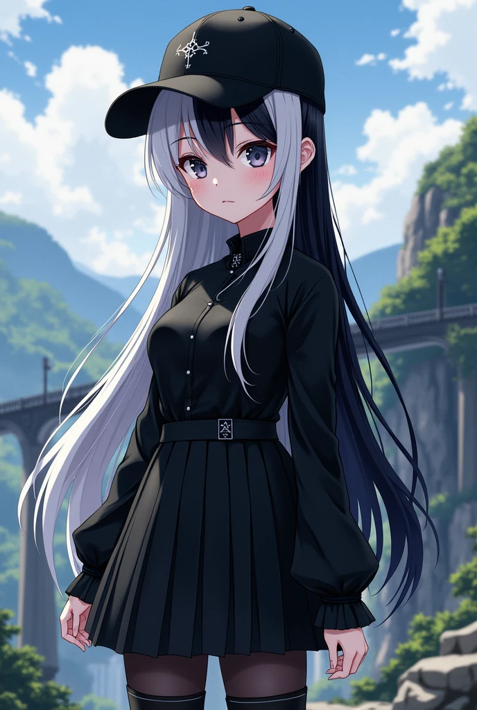 A female anime character with a black cap turned backwards, hair on the left side white, and on the other side black, with a black long-sleeved shirt, with a black school skirt, with black tights, black gothic boots, black Chinese eyes ,looking ahead with a beautiful landscape behind, tenth of a city bridge