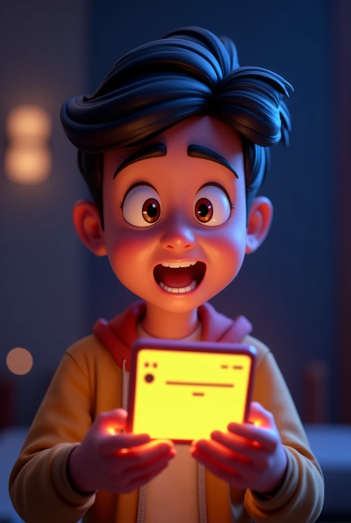 'Generate in cinematic 3d cartoon style " Ravi receiving the tournament invite: A close-up of Ravi's surprised and excited expression as he reads an email on his phone. The email is brightly lit, contrasting with the dimly lit room around him.