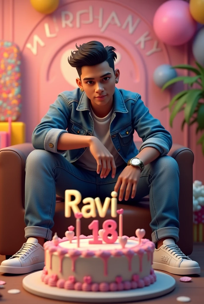 3D illustration of a man
Sitting casually on front of a cake. The character must wear casual moder clothing such as jeans jackets and sneakers shoes. The background of the image is a party theme. Write Ravi on the birthday cake Make sure the text is not misspelled. His age is 18