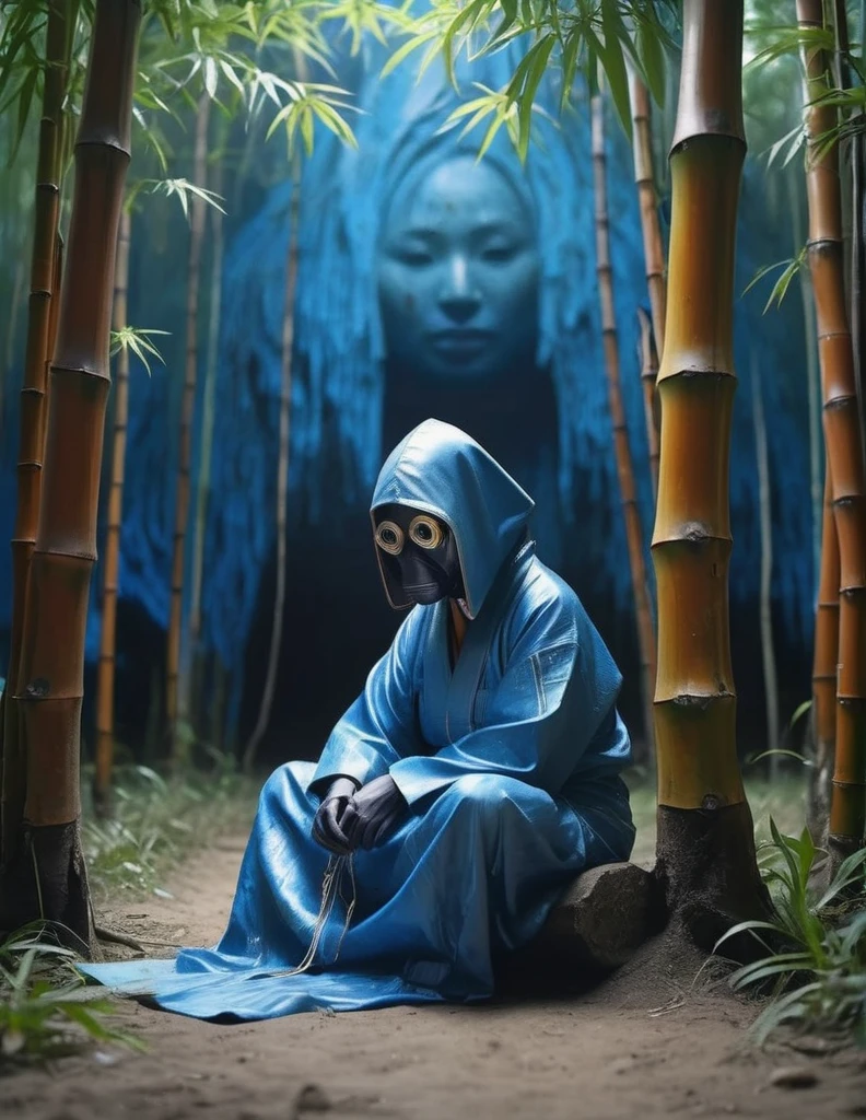 grbtw art style, Surreal, Anxious, Realistic, High resolution, beautiful, Highest quality, masterpiece, Very detailed 、She is sitting on the ground in front of a bamboo tree, holding her head and crying, with Japanese style typography and calligraphy in blue tones in the background.