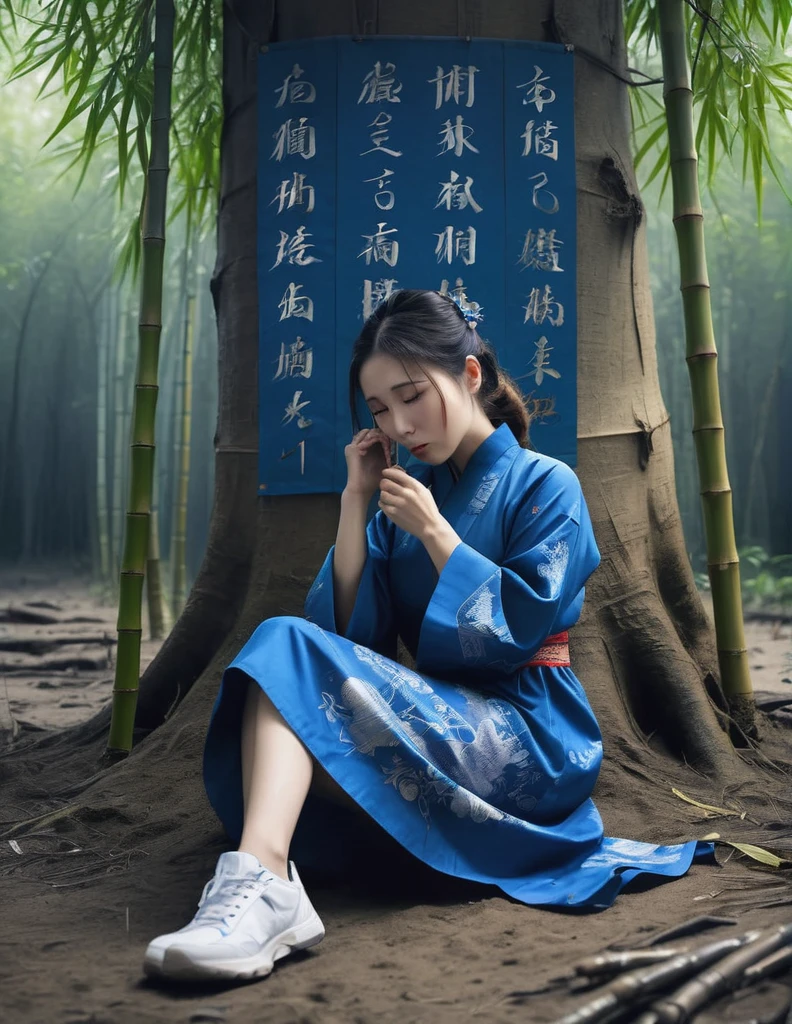 grbtw art style, Surreal, Anxious, Realistic, High resolution, beautiful, Highest quality, masterpiece, Very detailed 、She is sitting on the ground in front of a bamboo tree, holding her head and crying, with Japanese style typography and calligraphy in blue tones in the background.
