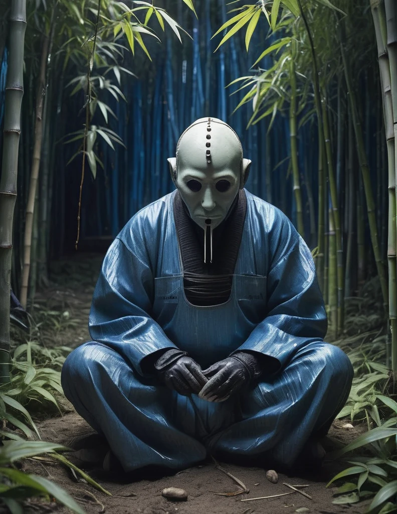 grbtw art style, Surreal, Anxious, Realistic, High resolution, beautiful, Highest quality, masterpiece, Very detailed 、She is sitting on the ground in front of a bamboo tree, holding her head and crying, with Japanese style typography and calligraphy in blue tones in the background.