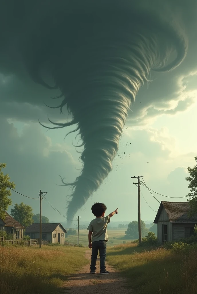 A tornado coming toward a village and a kid finger toward the tornado change image make it realistic make tornado bit far change ???
