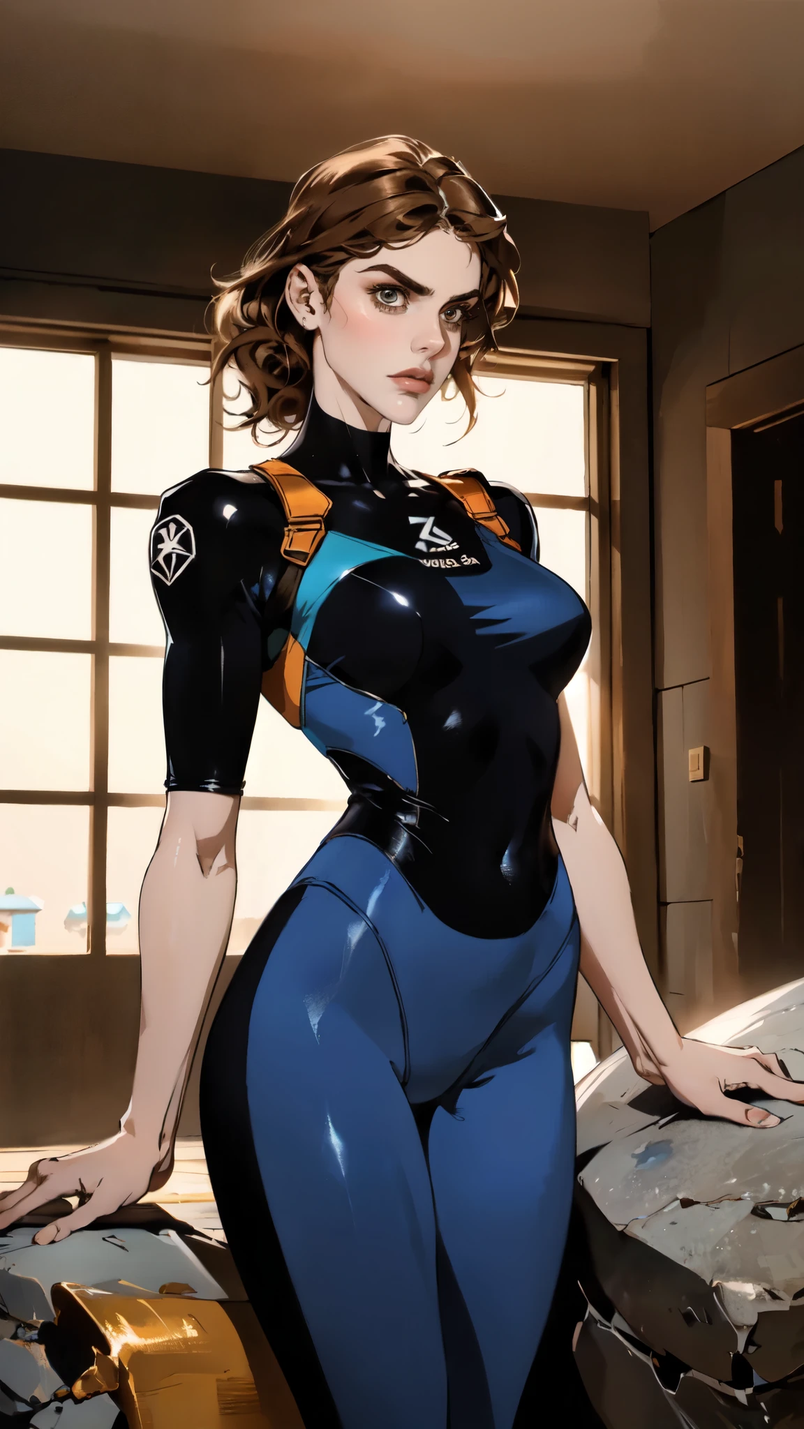 (masterpiece:1.2, best quality:1.2, extremely delicate:1.2), ((Alexandra Daddario:1.2)), a young women with long slightly curly brown hair, a well-defined face, intense eyes, a thoughtful expression, brown skin, tall and athletic build, a futuristic fantasy-style blue and black short-sleeved tight-fitting wetsuit, matching trousers, wrist guards, she sits leisurely on a seaside rock, this character embodies a finely crafted futuristic fantasy-style swimmer, exquisite and mature photography, photorealistic, goddess, feminine, porcelain skin, dramatic, high definition, highres, ultra-detailed, ultra-fine painting, professional, perfect body proportions, golden ratio, anatomically correct, symmetrical face, extremely detailed eyes and face, high quality eyes, creativity, RAW photo, UHD, 32k, Natural light, cinematic lighting, (masterpiece-anatomy-perfect:1.2)