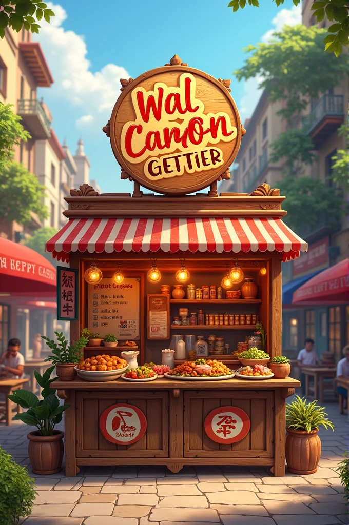 Poster of food stand, with logo, invitation sentence, etc