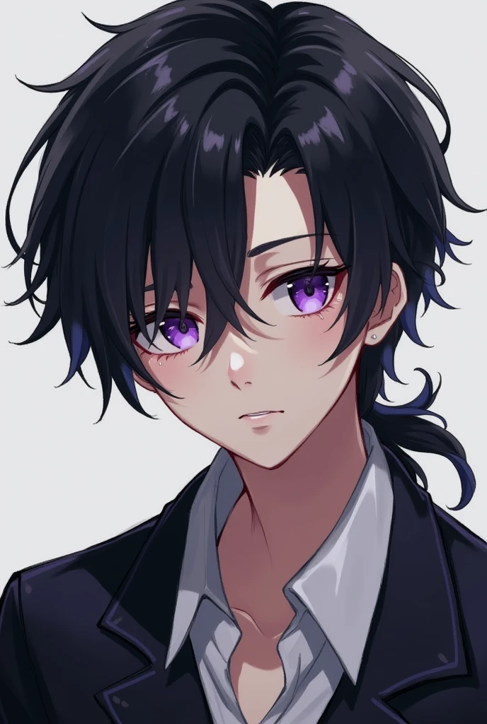 a boy with black hair, wearing a short ponytail down, has violet eyes and his face is always neutral, He gives the air of a book protagonist. His gaze is fierce, and his appearance is equivalent to that of a perfect prince.