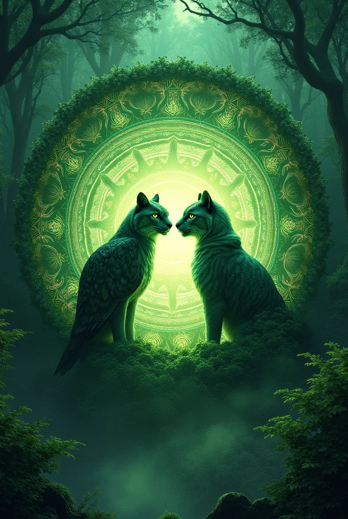 An owl and a puma emerging from a green mandala