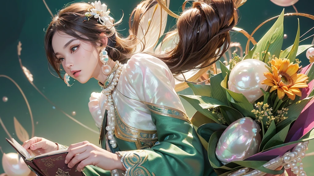 32K, 最高quality, 最高masterpiece, (ultra-Detailed Background, Detailed Background), High resolution, Super detailed, Very detailedな, 1 personの, (bouquet:1.3), (Tangled:1.2), (Geometric:1.2),(colorful),(masterpiece, quality, best quality, Official Art, Beautiful and beautiful:1.2), (1 person:1.3), Very detailed,(colorful:1.1)(Flowers:1.3),Most detailed,(Tangled:1.2), whole body, (Abstract background:1.3), (Skin glows), (Many colors:1.4), ,(Earrings Pearl:1.5), Light green background, It's imaginative., Brunette Hair, Updo, Holding a book, Holding a pen, Satin shirt