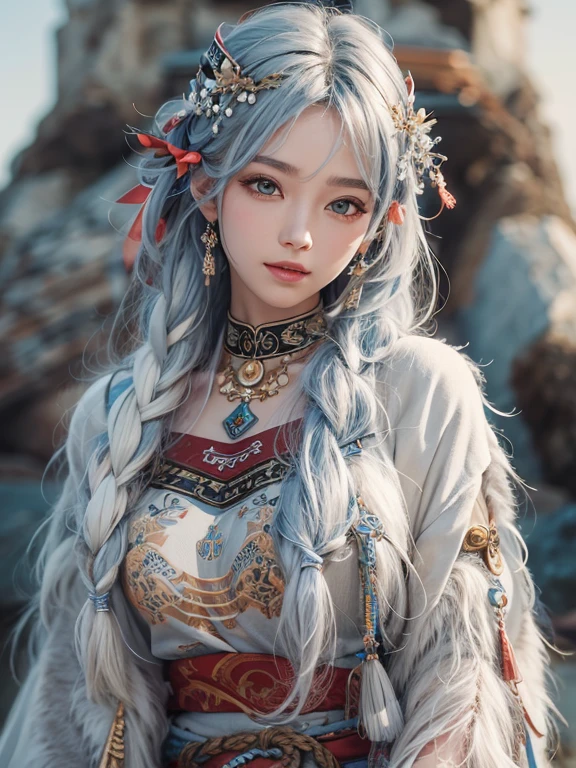 Hiding in the snowy mountains、Hair Flow、 ((Highest quality、masterpiece、8k、Best image quality、Ultra-high resolution、Award-winning works)、(Accurate anatomy:1.1)、(Look at me and smile:1.1)、Shining fair skin with Ultra-high resolution、The most detailed face、Ultra-high resolution detailed face、Ultra-high resolutionの髪の毛、(Ultra-high resolutionの煌めく瞳:1.1)、Beautiful face drawn in every detail、(Blurred Background:1.1)、Ancient Inuit clothing, Chest to chest, tattoo, Old ruins in the background、he'that'big, You have a real hawk on your shoulder..