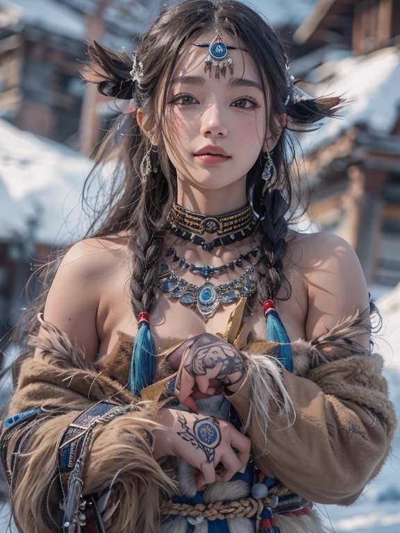 Hiding in the snowy mountains、Hair Flow、 ((Highest quality、masterpiece、8k、Best image quality、Ultra-high resolution、Award-winning works)、(Accurate anatomy:1.1)、(Look at me and smile:1.1)、Shining fair skin with Ultra-high resolution、The most detailed face、Ultra-high resolution detailed face、Ultra-high resolutionの髪の毛、(Ultra-high resolutionの煌めく瞳:1.1)、Beautiful face drawn in every detail、(Blurred Background:1.1)、Ancient Inuit clothing, Chest to chest, tattoo, Old ruins in the background、he'that'big, You have a real hawk on your shoulder..