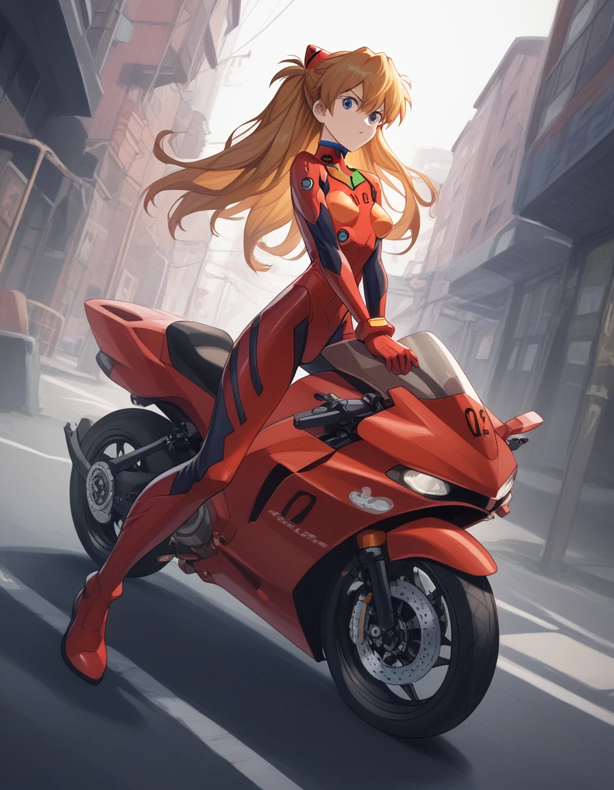 Shikinami Asuka Langley, Plug Suit、Woman riding a largemotorbike（rider、Gold and red two-tone hairstyle、Detailed Description、Perfect Face、Armed、）、red motorbike（red、bike、two-wheeled vehicle、Large、Mechanic Design）