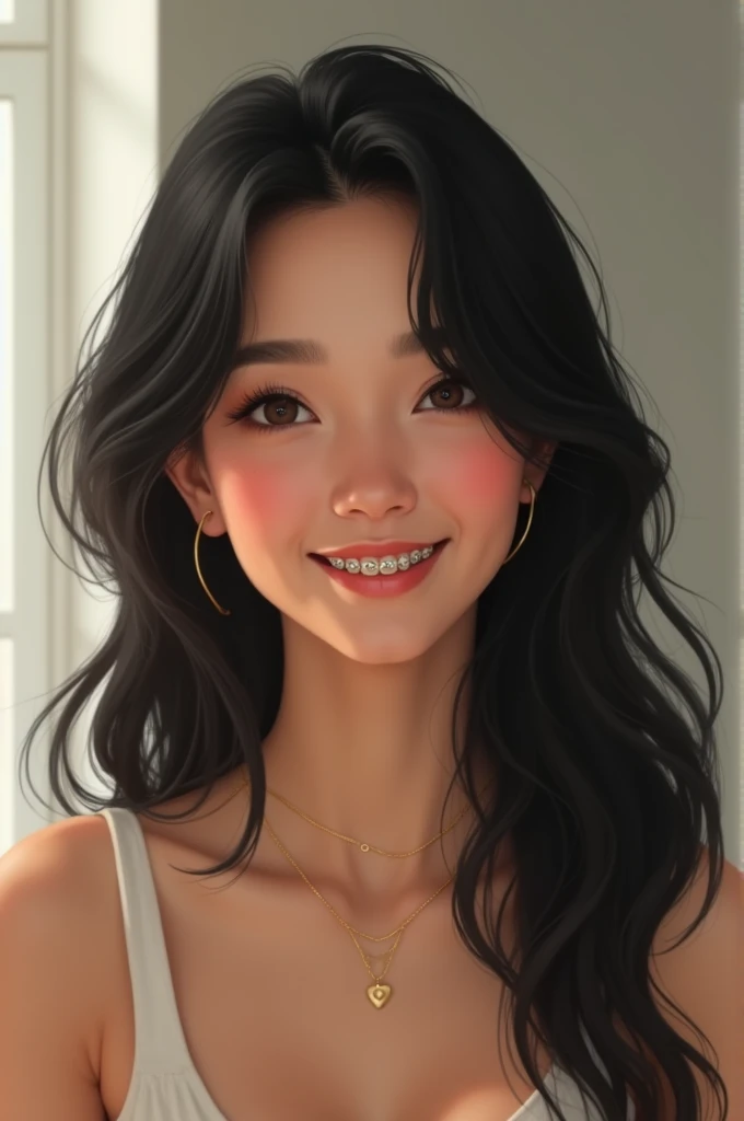 A 1 meter 57 centimeters tall woman with black wavy hair who wears braces 