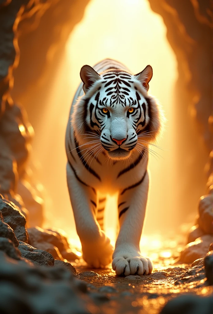 Light and dark contrast, Divine Light, Cleavage close-up, From below, Hyper HD, Acura, masterpiece, Super Detail, high quality, High detail, Awards, The best quality at its best, High resolution, 8k ,
((A close-up of the mythical white tiger's entire body)), Sacred beasts from the Shanhaijing, Perfect body, Transparent Hair, Angry Eyes,Metal properties,(Has white fur and paws),Big Yellow Cave Well,,masterpiece,超High resolution,Exquisite details create stunning images, Spectacular Effects、profile