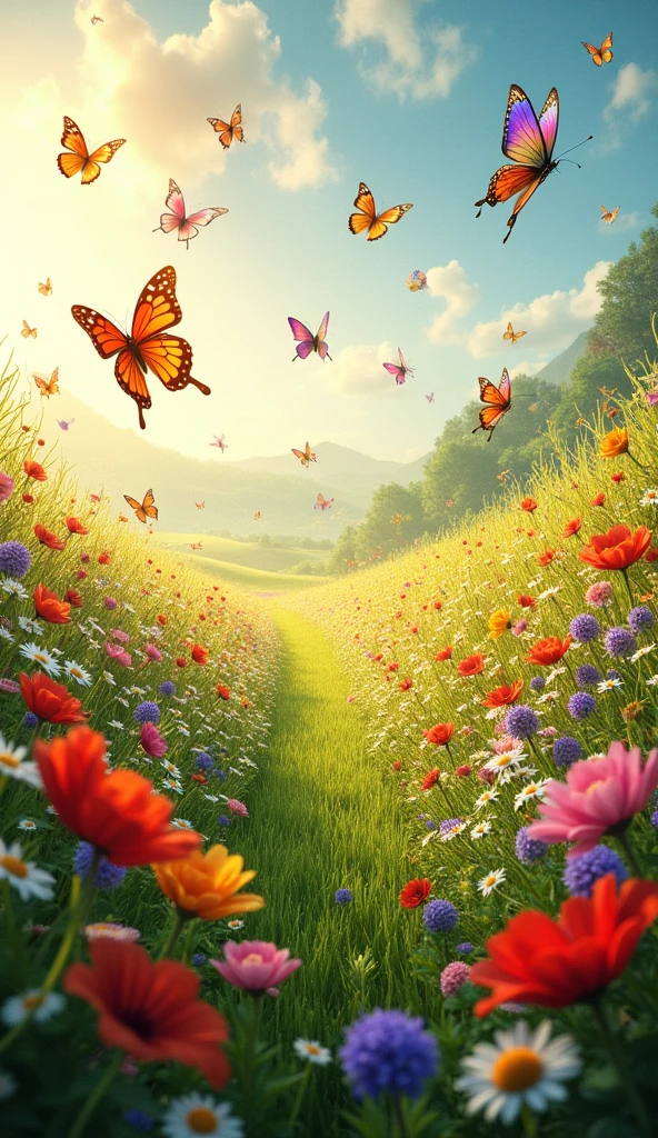 A field of wildflowers blooms in a meadow, attracting a swarm of colorful butterflies. The sun shines brightly, casting long shadows across the landscape.