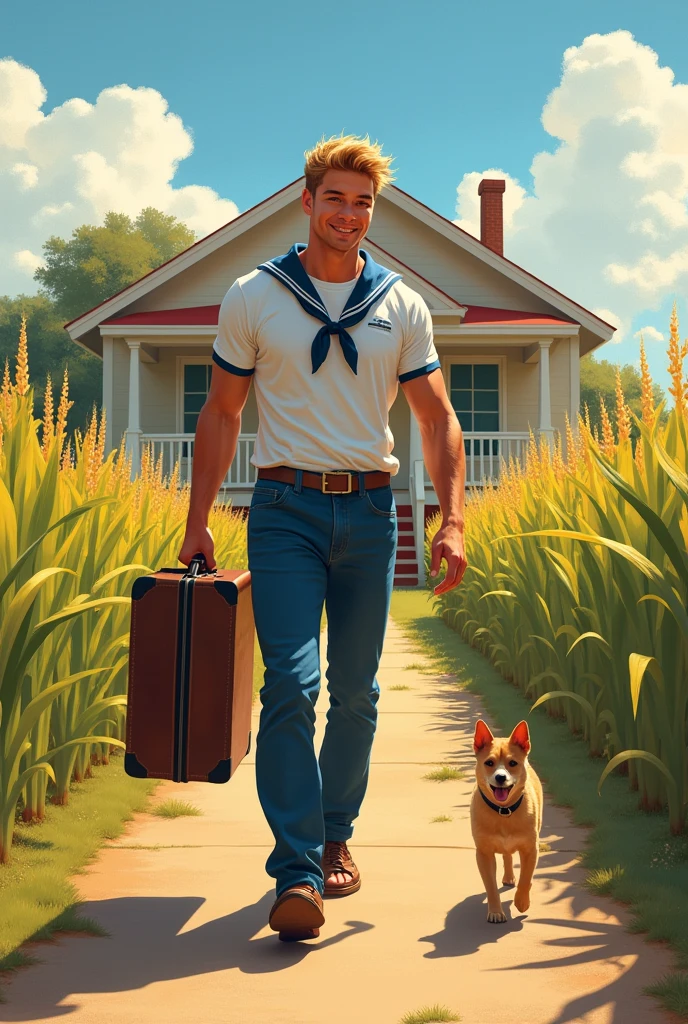 side view, Paul_chabas art style, man_young+House+dog+cat, un man young rubio cuerpo esbelto musculoso viste uniforme de marinero y lleva una maleta caminando hacia la House, de fondo una House de campo, small corn fields, sunny day in texas, el somblante del young alegre por volver a House "mama, vuelvo a House"
