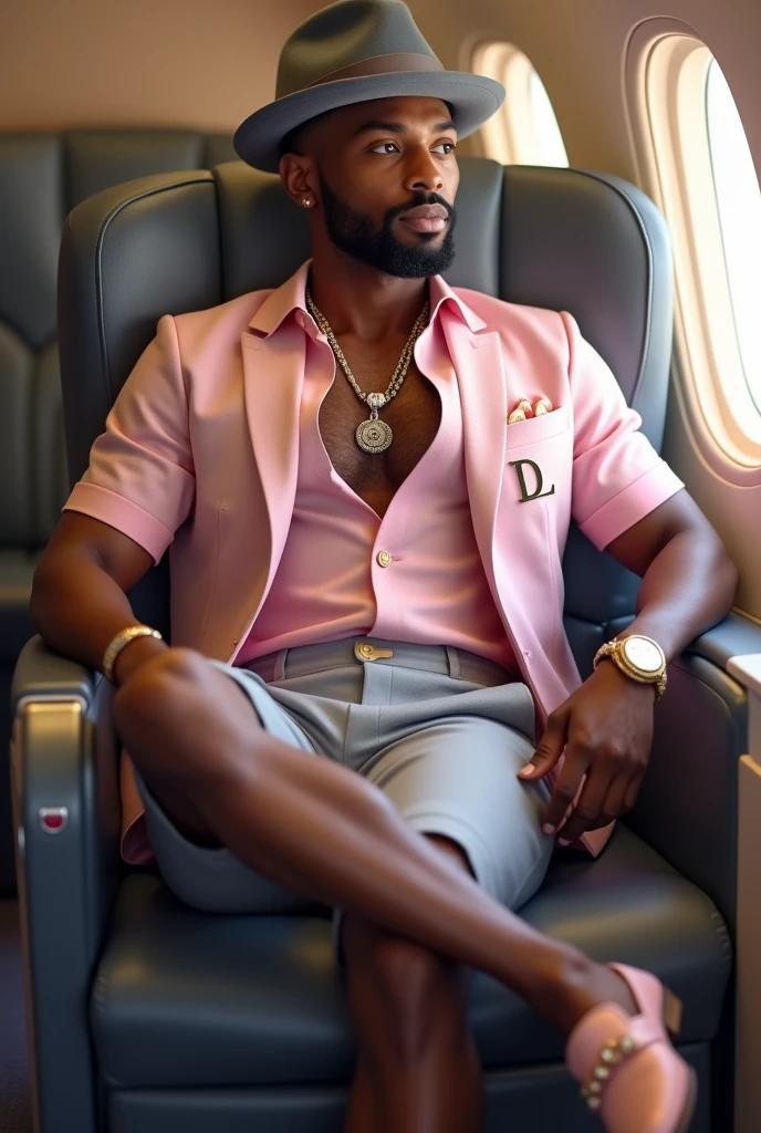 Forty year old black man, very elegant and sophisticated, strong athletic build, with a goatee, wearing jewelry and a modern bowler hat, baby pink linen shirt with short sleeves and light gray formal shorts.
Italian loafer shoes in light brown with baby pink. 
The initials DL are written on the hat band and the lapel of the blazer. The model is sitting with her legs slightly crossed on a plane in first class. 