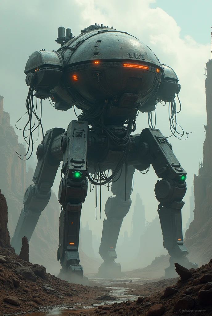 A war machine with three legs, tentacles, lights and a technological soul that kills people with lasers