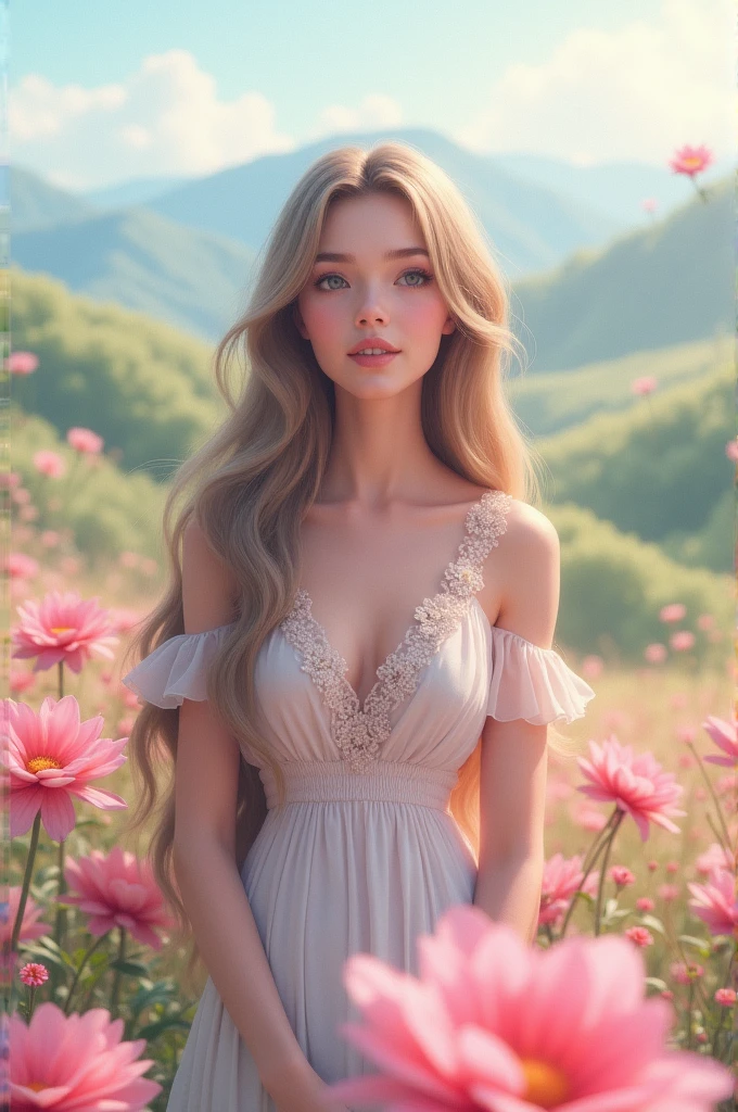 A beautiful princess, straight hair with a beautiful landscape and flowers, all in pastel pink colors