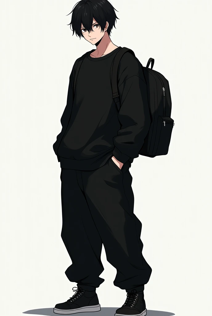 Full-body. Man with black hair, eyes black, black sweatshirt, black oversized pants, black sneakers and a black backpack on the back. anime styling. Full-body