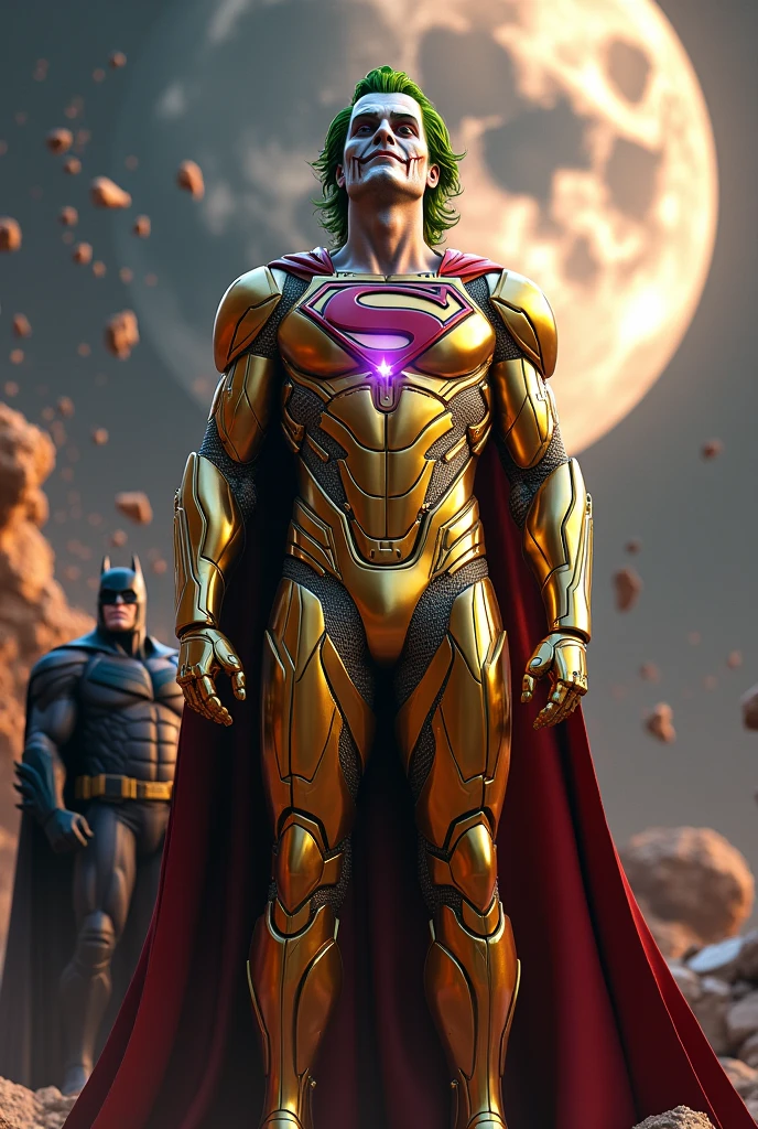 Create me the Joker with Superman's outfit, golden Iron Man armor style and in the background the destroyed moon in the middle and on the side Tanus with Batman's outfit