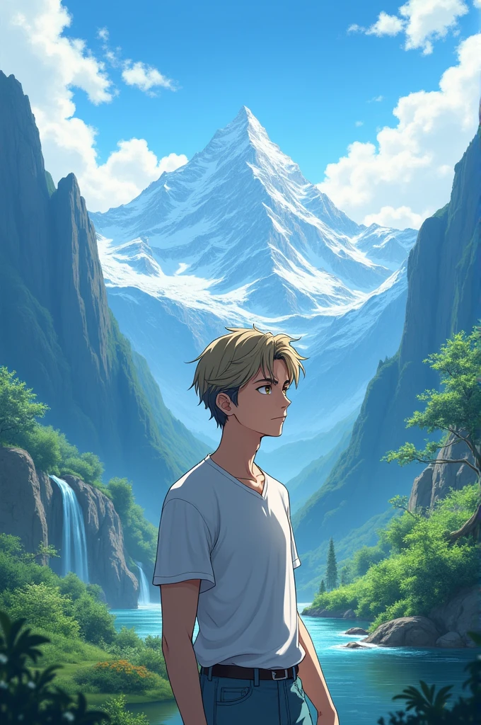 Anime boy with beautiful moutain view