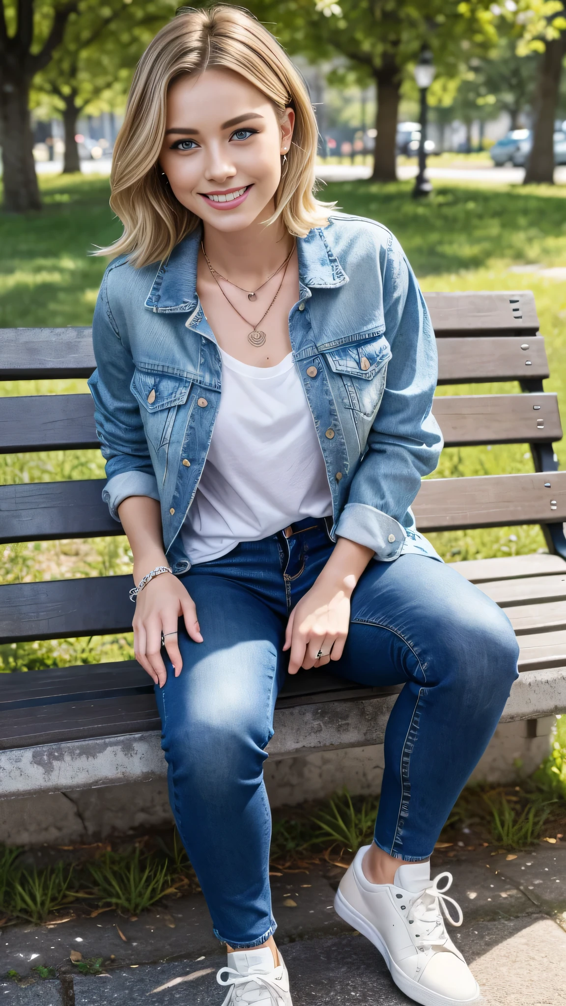 Super Resolution、Clear French woman、Full body photo、sitting on a park bench、Blonde Hair、blue eyes、Short Haircut、Wavy Hair、Ear piercing、、necklace、Denim jacket、shirt、Skinny jeans、sneakers、I'm wearing black socks.、smile、Beautiful teeth alignment
