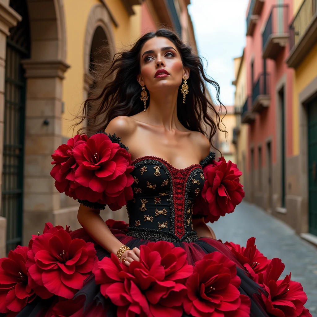 A high-fashion photograph of a brunette model with black hair wearing a stunning red, black, and white dress with a lace-up neckline, mariposa sleeves with ranglan and volantes, a cinched waist with beaded and pasamanería details, and numerous large, voluminous flounces. The dress features intricate 3D flowers in different parts of the dress. The model has loose curls and golden hairpins, as well as elegant, large flamenco earrings. She is captured in the Feria de Córdoba, looking skyward in a three-quarter profile. The essence of Cordobesa style.