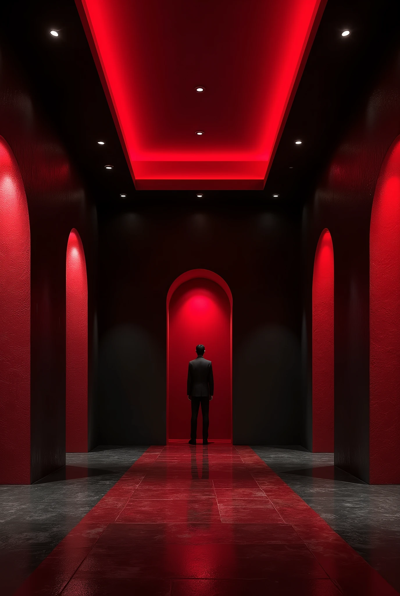 Create an image of a room with four walls, designing the concept of The Trap podcast, using the colors red and black