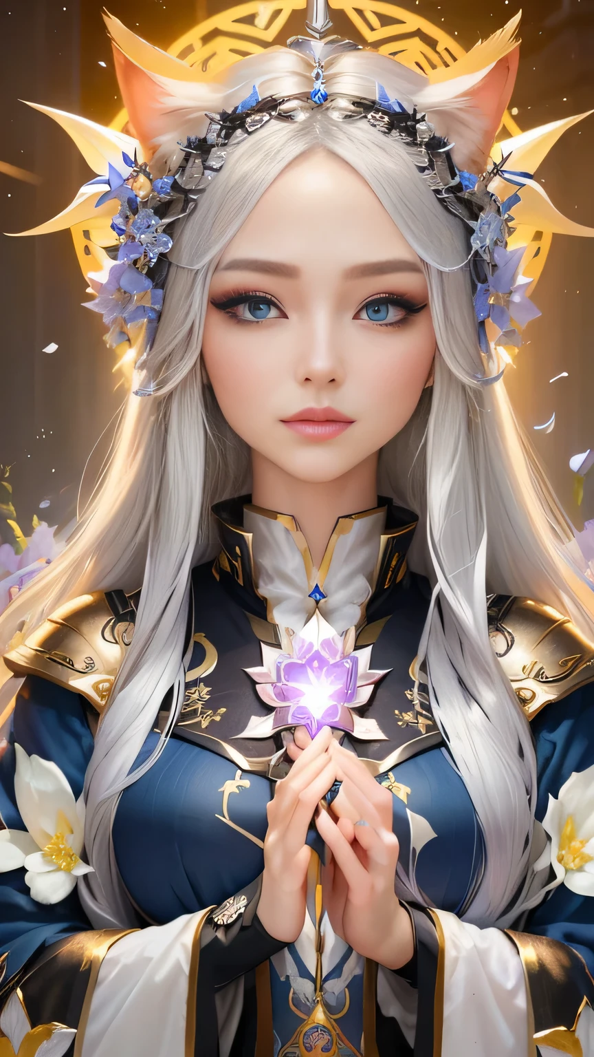 Facing this direction, Blue Eyes,Long silver hair with cat ears and many flowers attached to their head.,Close-up of the person wearing it, Trending on cgstation, Beautiful Fantasy Empress, 8k artgerm bokeh, sakimichan, Gweiz-style artwork, Tick tock video, ((Beautiful Fantasy Empress)), Tick tock, Cai Xukun, 8k)), Beautiful Celestial Magician