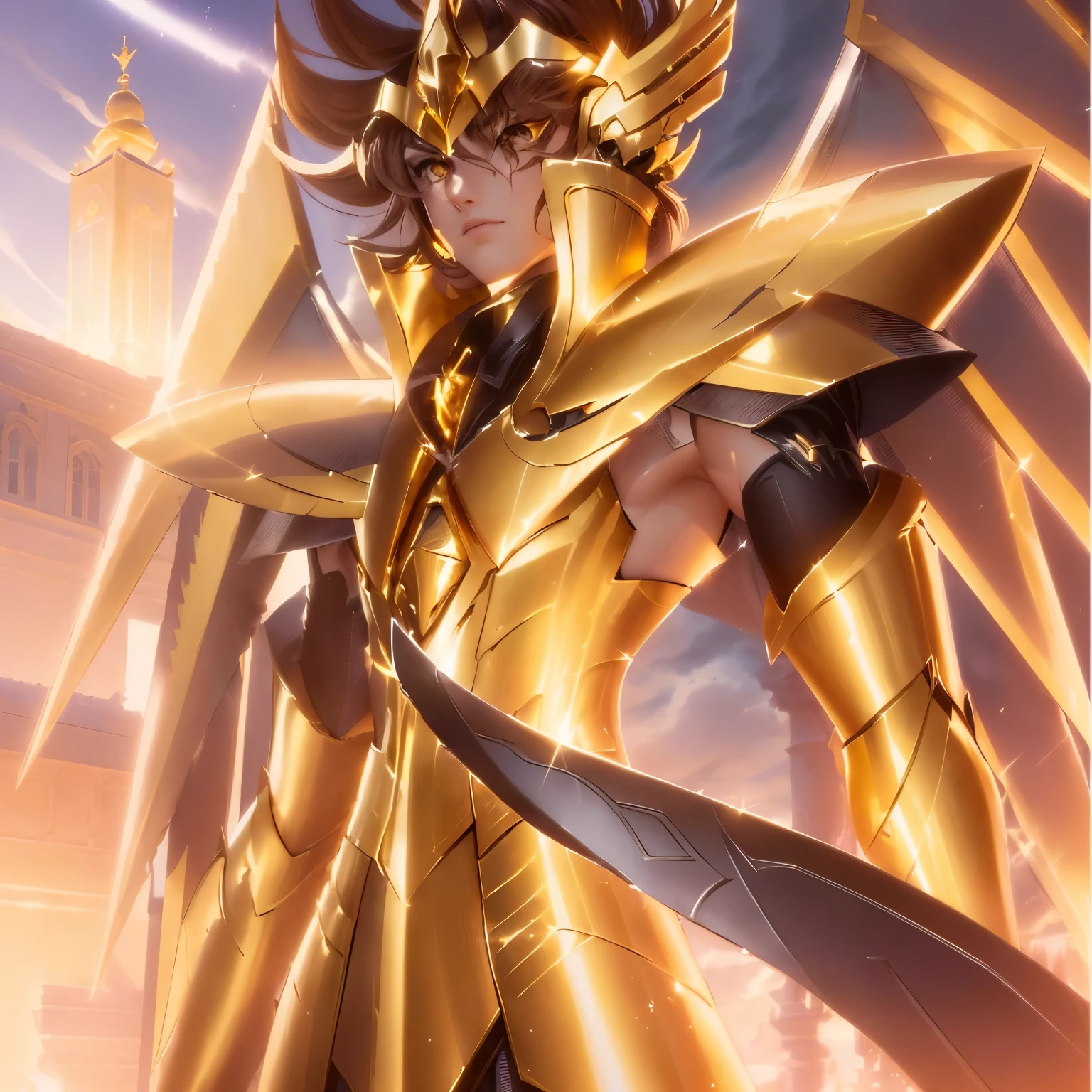 a close up of a person holding a sword in a city, saint seiya, unreal engine render saint seiya, angelic golden armor, wearing gold armor, official art, furio tedesschi, dio, golden armor, gold armor, gold paladin, akasuki voidstar, wearing golden armor, phoenix warrior, knights of zodiac boy