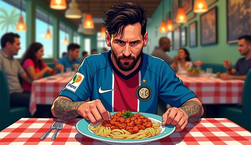 COMIC MINIATURE FOR YOUTUBE OF LEONEL MESSI IN INTER MIAMI CF UNIFORM, IN A RESTAURANT EATING PASTA