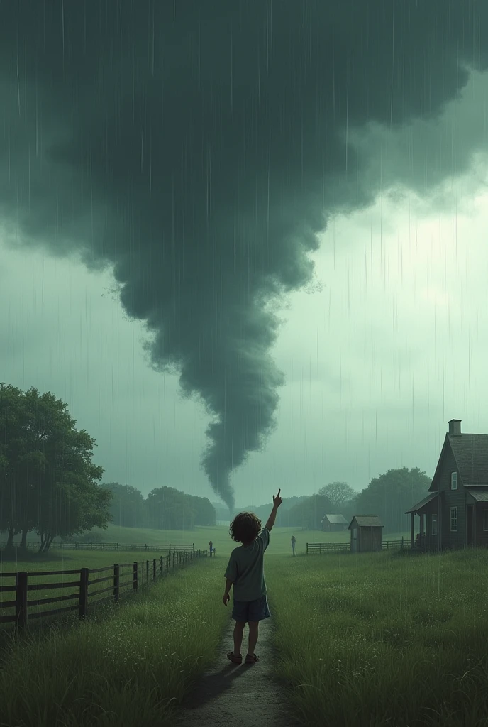 A tornado coming toward a village and a kid finger toward the tornado change image make it realistic make tornado bit far change ??? add rain