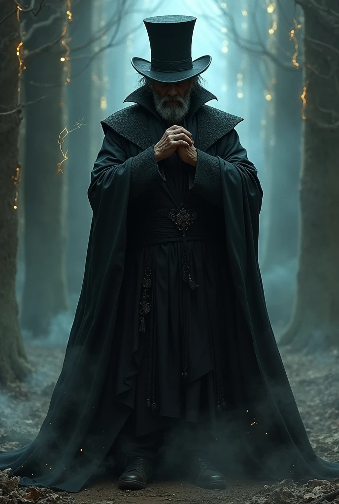 A black magician, with a top hat in his hand