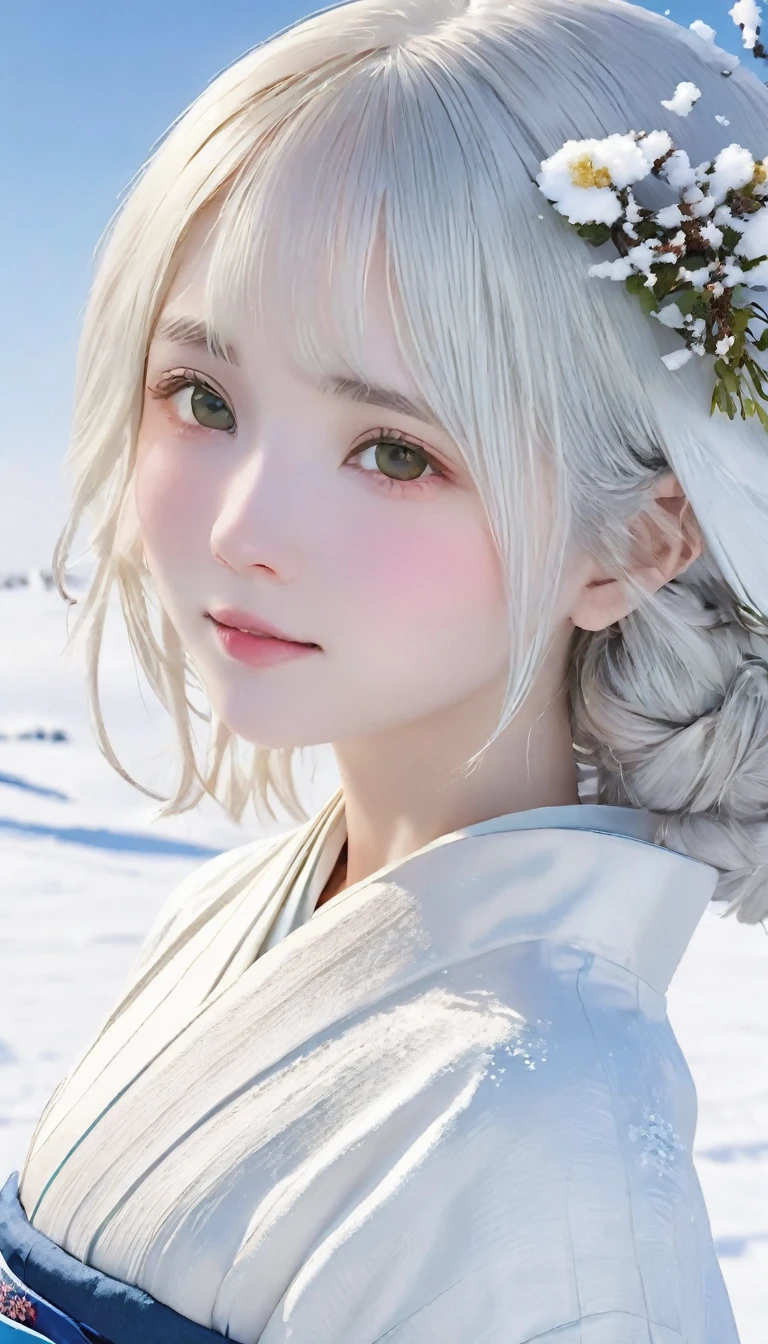 (White kimono)、Japanese clothing、(Highest quality,masterpiece:1.3,Ultra-high resolution,),(Very detailed,Caustics),(Realistic:1.4,RAW shooting,)Ultra-Realistic Capture,Very detailed,High resolution 16K suitable for human skin、 Natural skin texture、Very white skin、Snow Woman、Japanese Yokai_Snow Woman、Very beautiful appearance、、White skin looks uniform and unhealthy、 Use natural light and colour,One Woman,Japanese,,cute,Beautiful silky silver hair,Medium Hair,(Written boundary depth、chromatic aberration、Wide lighting range、Natural Shading、)、(Hair swaying in the wind:1.3)、(Snow reflects light:1.3), uniform