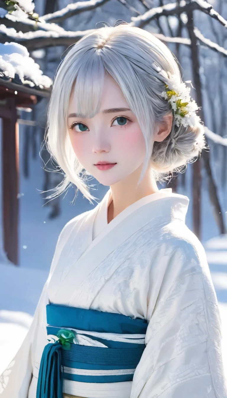 (White kimono)、Japanese clothing、(Highest quality,masterpiece:1.3,Ultra-high resolution,),(Very detailed,Caustics),(Realistic:1.4,RAW shooting,)Ultra-Realistic Capture,Very detailed,High resolution 16K suitable for human skin、 Natural skin texture、Very white skin、Snow Woman、Japanese Yokai_Snow Woman、Very beautiful appearance、、White skin looks uniform and unhealthy、 Use natural light and colour,One Woman,Japanese,,cute,Beautiful silky silver hair,Medium Hair,(Written boundary depth、chromatic aberration、Wide lighting range、Natural Shading、)、(Hair swaying in the wind:1.3)、(Snow reflects light:1.3), uniform