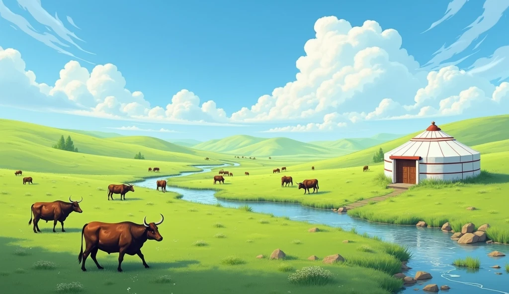 ((masterpiece, best quality)),illustration,Clear focus,Colorful Detailed,Long shot,Green savannah,The small white yurt is on the right side of the picture,There are cattle grazing and walking nearby,Blue sky,White Cloud,There is a small stream on the grassland