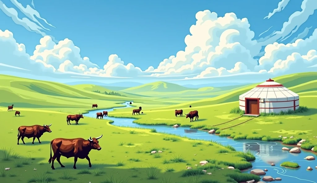 ((masterpiece, best quality)),illustration,Clear focus,Colorful Detailed,Long shot,Green savannah,The small white yurt is on the right side of the picture,There are cattle grazing and walking nearby,Blue sky,White Cloud,There is a small stream on the grassland