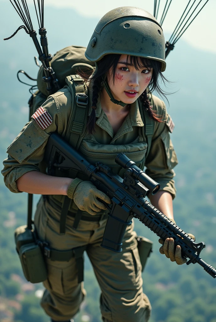 Photo-realistic, ultra-realistic, (very beautiful Japanese, famous Japanese idol:1.3), (Fully equipped for battle:1.5), large assault rifle on her back, (Experienced army paratroopers:1.5),(she is about to landing with parachute at Army skydiving mission:1.5), parachute is fully extended, (painful impressions, crying:1.3), (wearing an army paratrooper's Camouflage outfits with military helmet:1.5), very large breasts, (tactical vest, military harness:1.3), (military long boots:1), amazing view from the sky, acrobatic pose, dynamic angle, spectacular, (injured:1.3), (muddied, damaged wears, damaged body:1.3),
