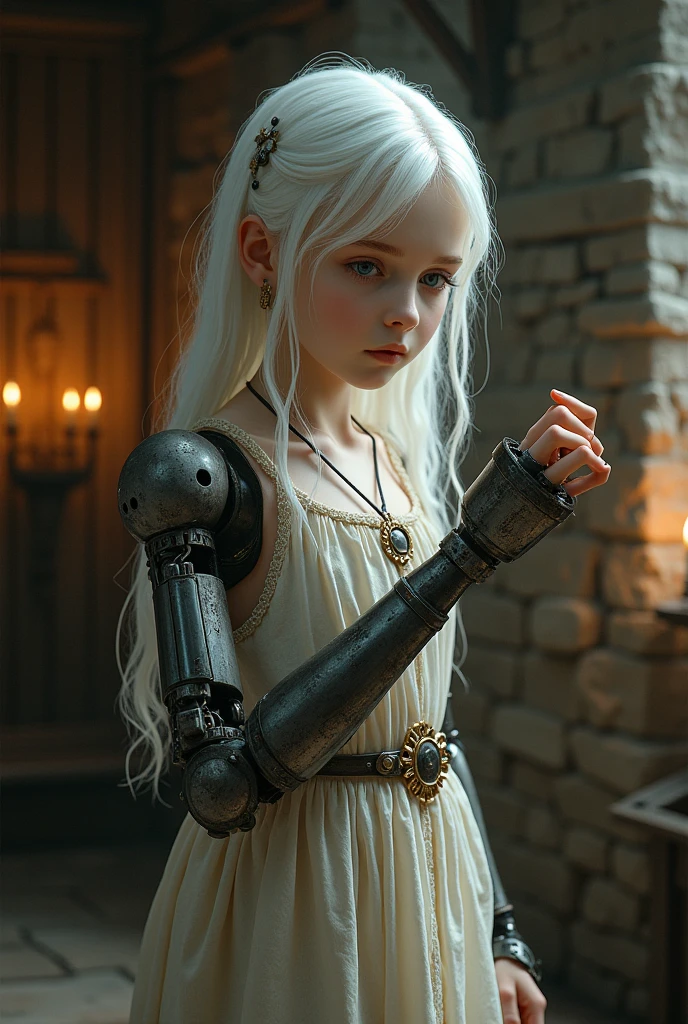 Albina girl with robotic arm