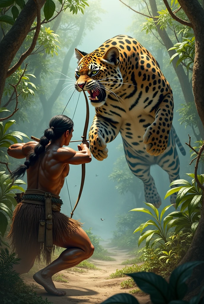 Old Indian attacks with an arrow and pierces a jaguar that jumps on him in the jungle
