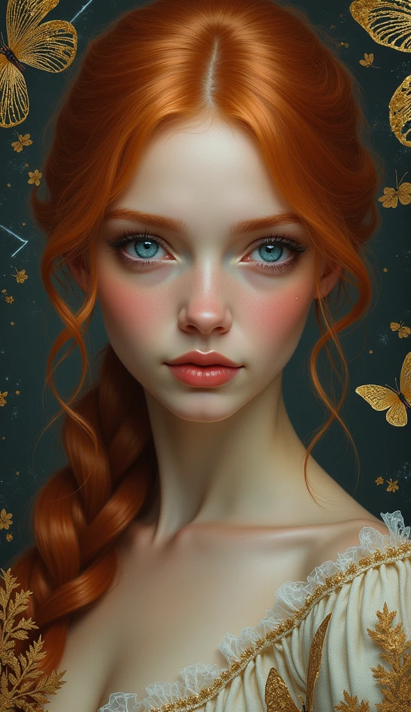 redhead, long ginger hair highly detailed, 1700'S, digital photography, art by artgerm and ruan jia and greg rutkowski surreal painting gold butterfly filigree, broken glass, (masterpiece, sidelighting, finely detailed Fashionable eyes: 1.2) (perfect oval large eyes that gazes at the viewer), beautiful detailed face, blue gorgeous perfect eyes, (blonde hair ponytail), (attractive young woman:1.3), (thick amazing hair), (seductive:1.1), (blushing:1.1)