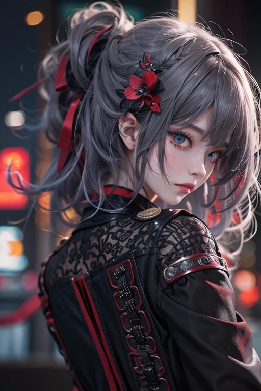 Highest quality、8k、masterpiece：1.3、Gothic Punk、The inner color is red、Gray Black Hair、hair ornaments、beautiful girl、creative、Punk Shirt、Neogoth、Goth Fashion：1.2、High resolution、masterpiece、Highest quality、頭w:1.3、((Hasselblad Photos))、Fine skin、Sharp focus、(Cinema Lighting)、Explore Tokyo&#39;The night city beyond the neon lights, Forehead open, 、Petting&#39;Hair back、Shoulder Bare、Small red rose tattoo on the décolletage、Just one tattoo