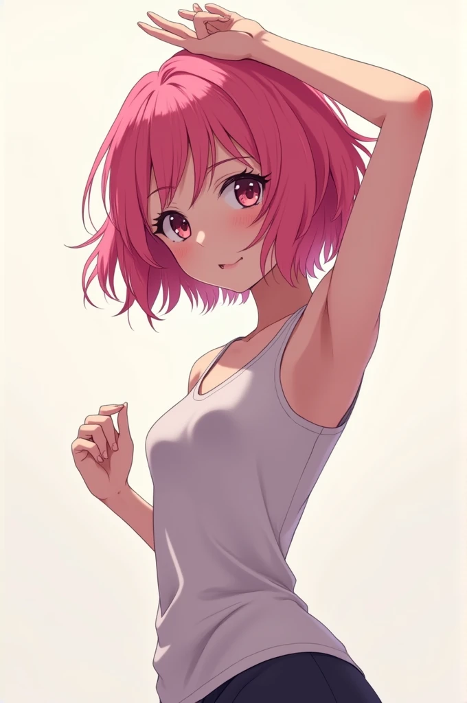 Alone female anime character, short bob hairstyle with wavy texture layered style and bright pink color, wearing a tank top, pose raising both hands